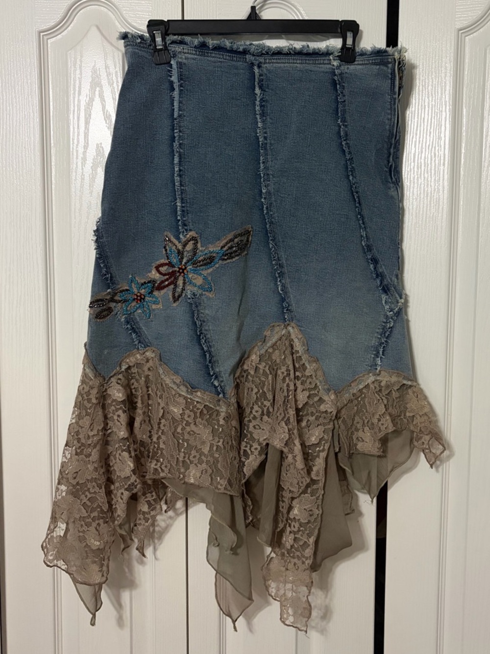 Kimchi Blue Blue Denim Asymmetrical Lace-Hem Skirt